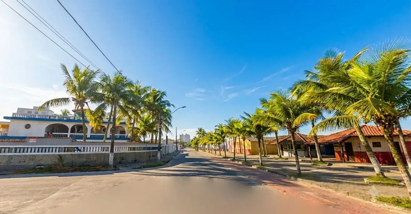 Rua arborizada em Mongaguá, com palmeiras, casas de perfil baixo e ampla presença de vegetação.