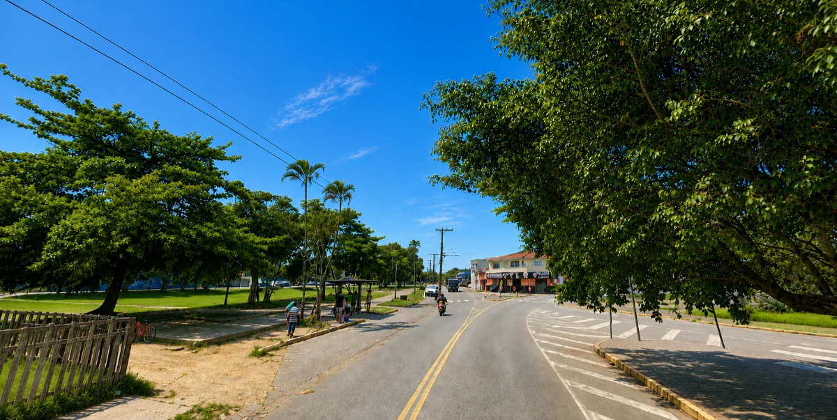 Vista urbana de Peruíbe, com rua arborizada, áreas verdes e construções de perfil baixo em um dia ensolarado